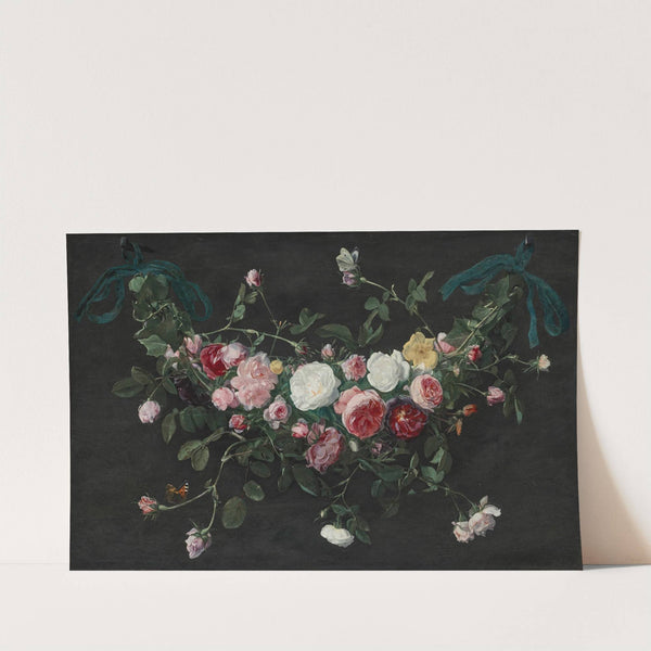 A garland of roses and ivy suspended by ribbons, with a cabbage white and a tortoiseshell butterfly by Daniel Seghers