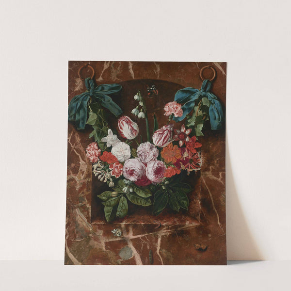 A garland of tulips, roses, lilies of the valley and other flowers, suspended from blue ribbons before a marble alcove with butterflies and caterpillars by Carstian Luyckx