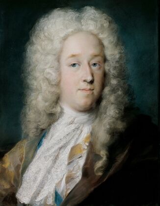A Gentleman In A Gold Patterned Coat And Violet-Brown Cape