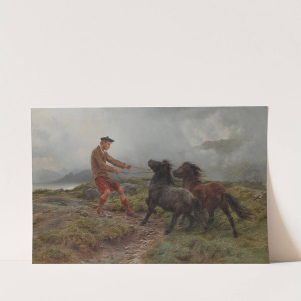 A Ghillie And Two Shetland Ponies In A Misty Landscape by Rosa Bonheur