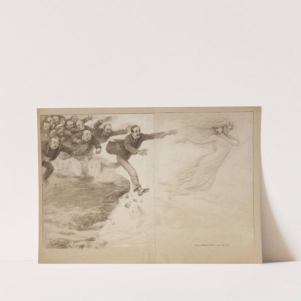 A ghostly woman, floating on bubbles, lures a crowd of men to follow her over a cliff (1904) by William Henry Walker