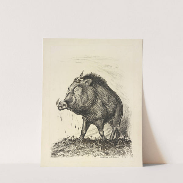 A giant boar with a Prussian helmet stands victorious on a field of battle covered with fallen soldiers. (1914) by William Henry Walker