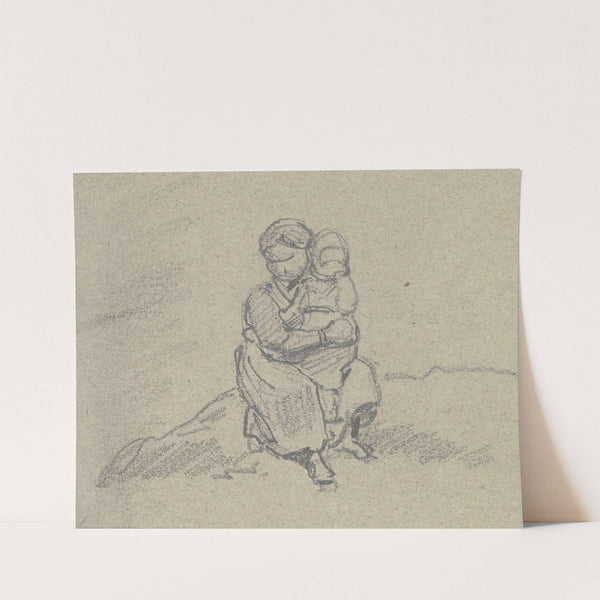A girl holds a child on her lap and sits on a small slope, the child has brought her hand to her mouth by Jakob Fürchtegott Dielmann
