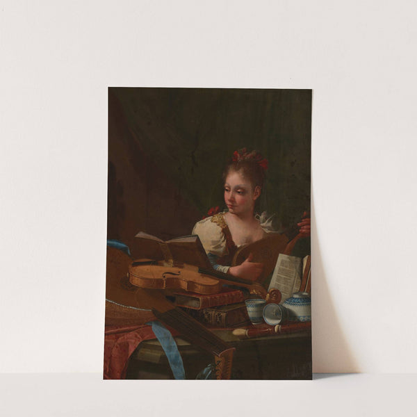 A girl playing a mandora, with a lute, a violin, a recorder, books and blue and white porcelain on a table by Cristoforo Munari