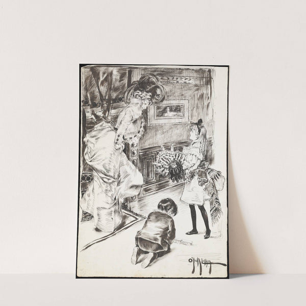 A girl shows her doll to a woman, while a boy plays with a toy train on the floor. by Rose Cecil O'''Neill