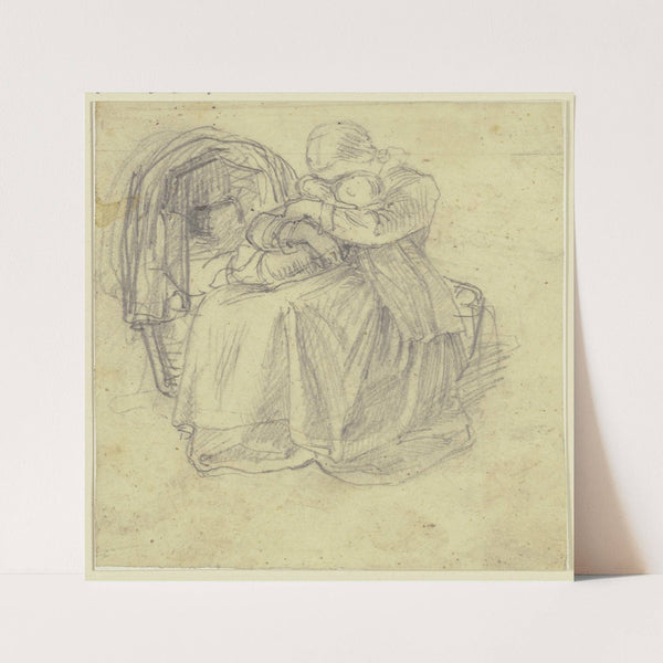 A girl sits by a cradle and holds a small child on her lap with both arms, their faces nestled together by Philipp Rumpf