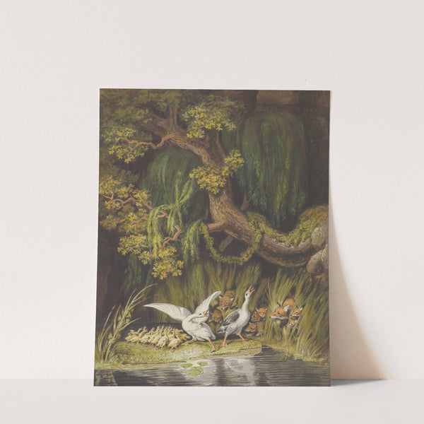 A Goose and a Gander with their Goslings Honking in Alarm as Two Foxes with their Cubs Emerge from the Rushes by Johann Heinrich Wilhelm Tischbein