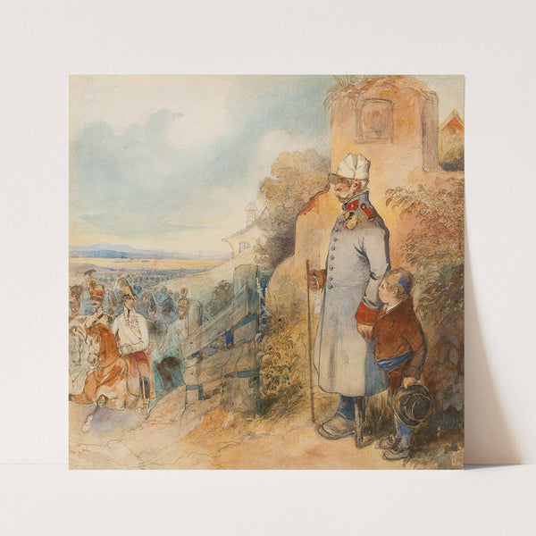 A grandfather and his grandson observing Archduke Karl of Austria Teschen in the uniform of a general after the the victorious battle of Aspern by Friedrich Johann Treml