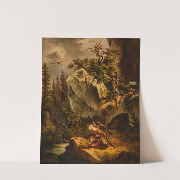 A griffon vulture with a dead deer by Jakob Canciani