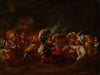 A group of costumed dwarfs in conversation and preparing for a battle