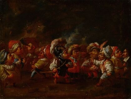 A group of costumed dwarfs in conversation and preparing for a battle