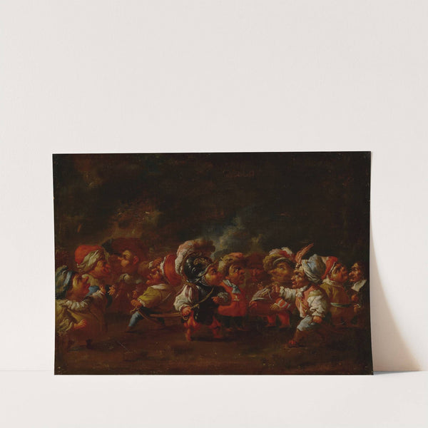 A group of costumed dwarfs in conversation and preparing for a battle by Faustino Bocchi