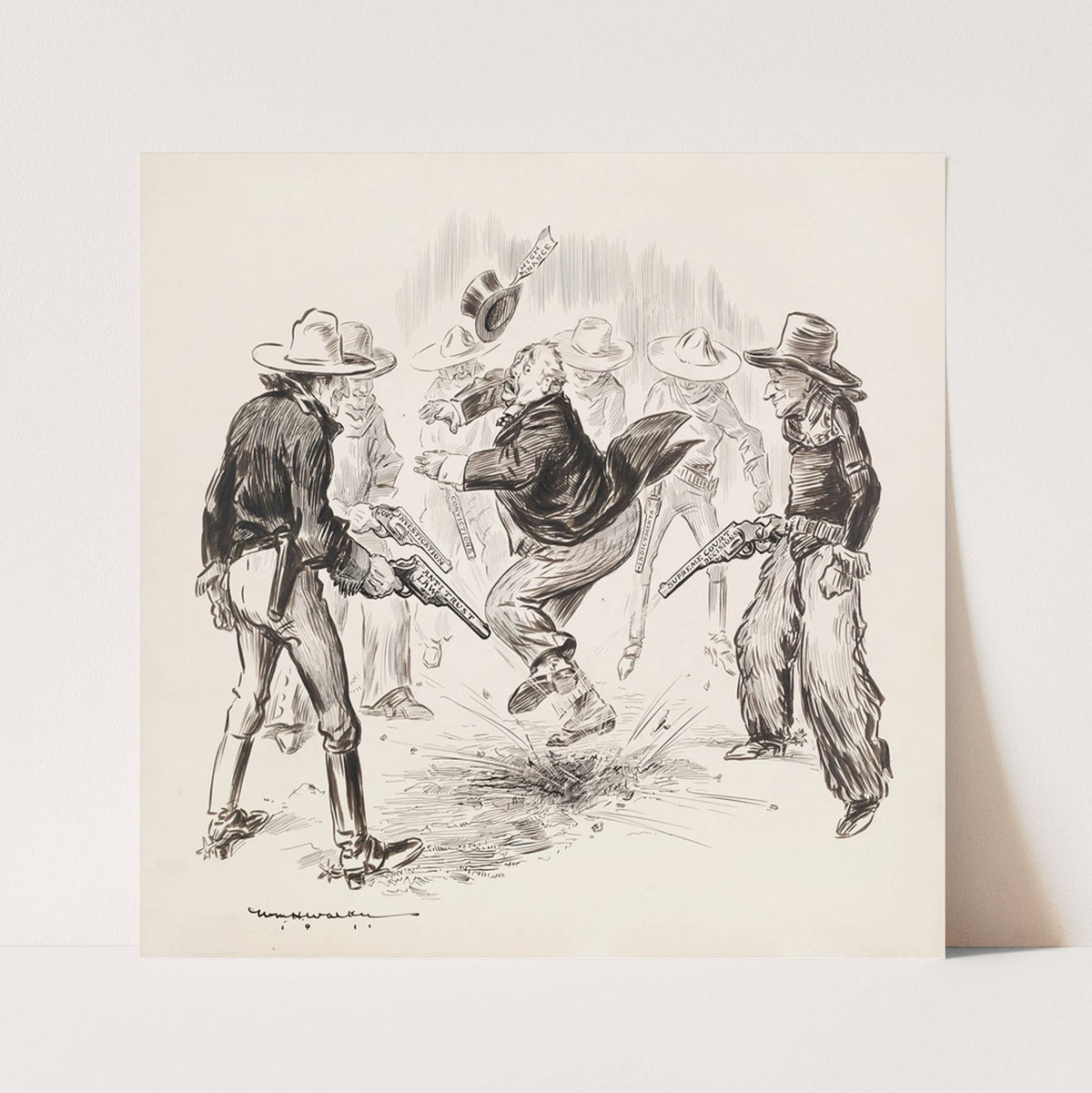 A group of cowboys surround a rich man representing high finance and fire their guns at his feet (1911) by William Henry Walker