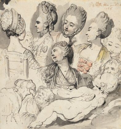 A group of elegantly coiffured ladies, Cupid, a dog and an old man in the foreground