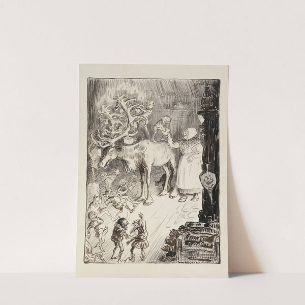 A group of elves hang Christmas decorations on the antlers of a reindeer, aided by a laughing woman (1922) by William Henry Walker