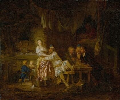 A group of figures gathered in a tavern, with a barmaid and lustful patron at center — size preview