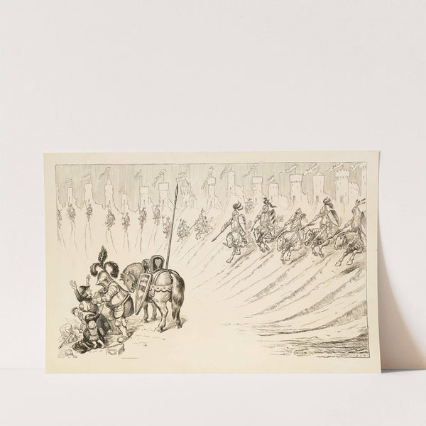 A group of knights come charging from castles representing several Trusts to protect a family (representing consumers) from an attacker (1909) by William Henry Walker