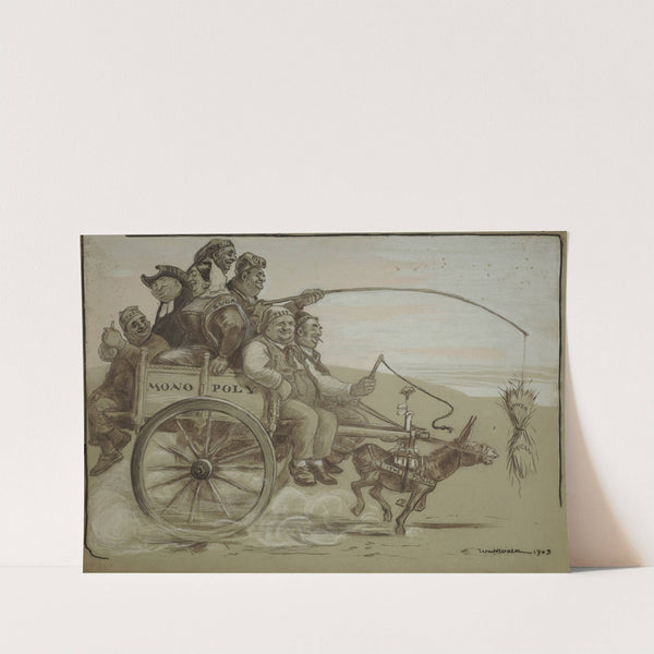 A group of large people representing various trusts ride on a wagon (monopoly) which is pulled by a small donkey (the public) (1903) by William Henry Walker