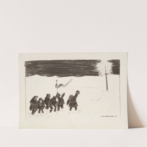 A group of men carrying a ‘Life’ flag walk across the snow towards a glowing pole, probably representing the North Pole. (1898) by William Henry Walker