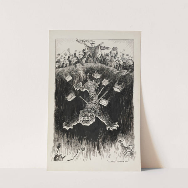 A group of men carrying flags push the Tammany tiger into flames (1901) by William Henry Walker