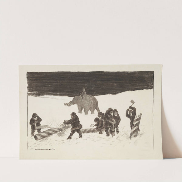 A group of men chop up and examine a pole in the snow, probably the North Pole (1898) by William Henry Walker