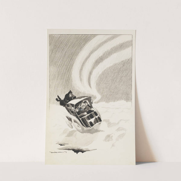 A group of men drive in a car through the snow with the northern lights in the background. (1898) by William Henry Walker