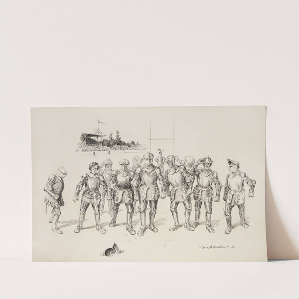 A group of men in medieval armor at a stadium, all looking at a helmet on the ground. (1896) by William Henry Walker