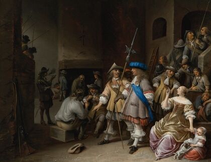 A Guardroom Interior With A Company Of Pikemen, Card Players, And A Woman With A Child