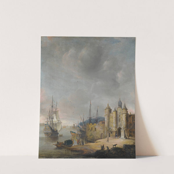 A Harbour Scene With A Man-Of-War And Other Shipping, Figures Conversing On The Shore by Jan Abrahamsz Beerstraaten