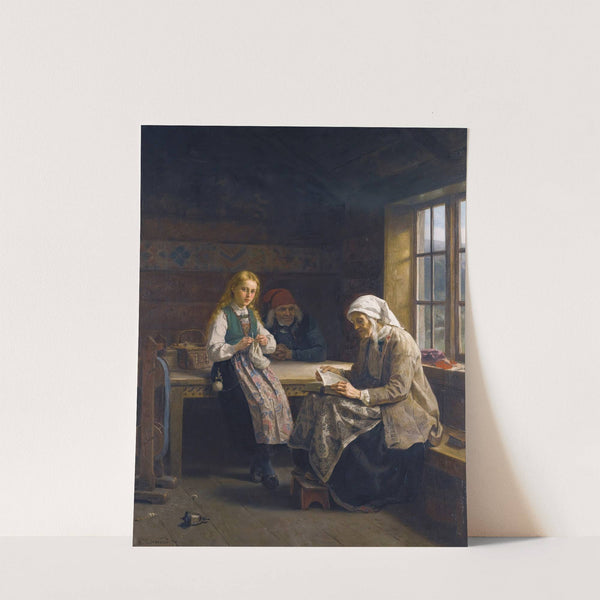 A Hardanger Interior, Young Girl Knitting (1874) by Adolph Tidemand