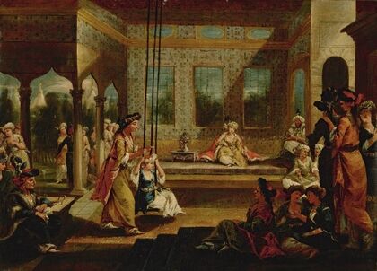 A Harem Scene With Soldiers Smoking And Odalisques Relaxing And Playing On a Swing In An Interior Courtyard
