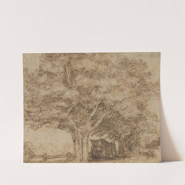 A haywain under trees, with farm buildings to the right and beyond at left by Jan Lievens