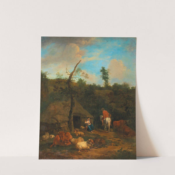 A herdsman and a shepherdess in front of a wooden farmhouse by Adriaen van de Velde