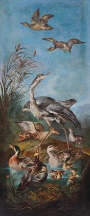 A heron and ducks near a pond