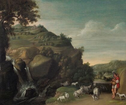 A hilly landscape with a waterfall and a goatherd