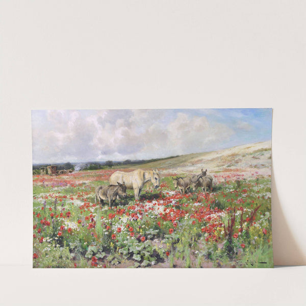 A Horse and Donkeys in a Summer Meadow with Gypsy Camp Beyond by Arthur William Redgate