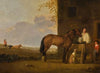 A horseman tending his horse, a cowherd with his cattle beyond