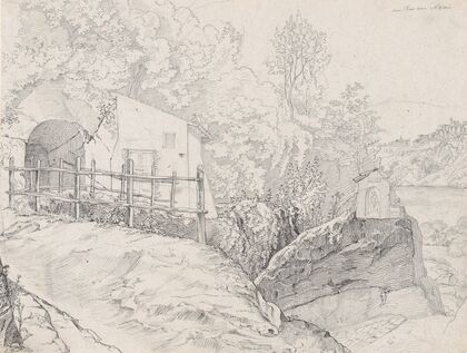 A House near a Grotto and a Roadside Chapel at Lake Nemi, with a View of Genzano from the North