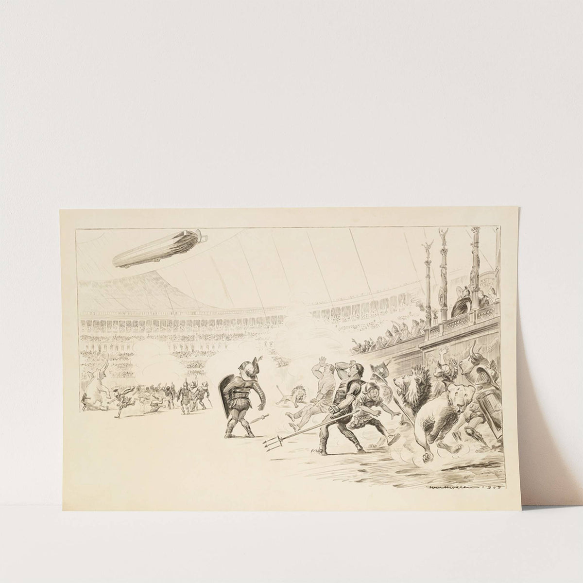 A huge gladiator fight, including men in armor, lions, and an elephant, in a crowded stadium (1909) by William Henry Walker