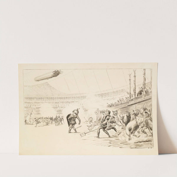 A huge gladiator fight, including men in armor, lions, and an elephant, in a crowded stadium (1909) by William Henry Walker