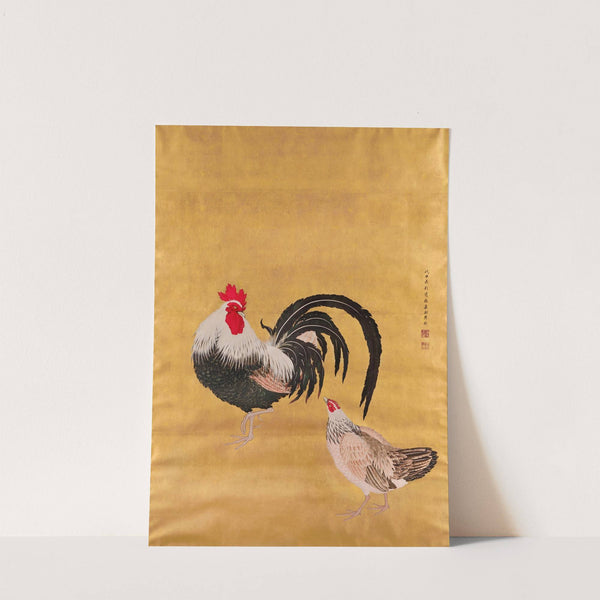 A Japanese scroll depicting a cockerel and hen by Kishi Ganku