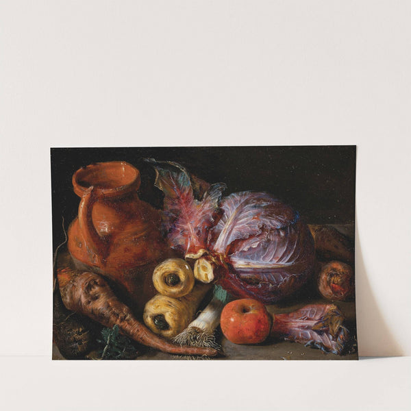 A jug, a cabbage and carrots on a ledge by Pieter Snyers