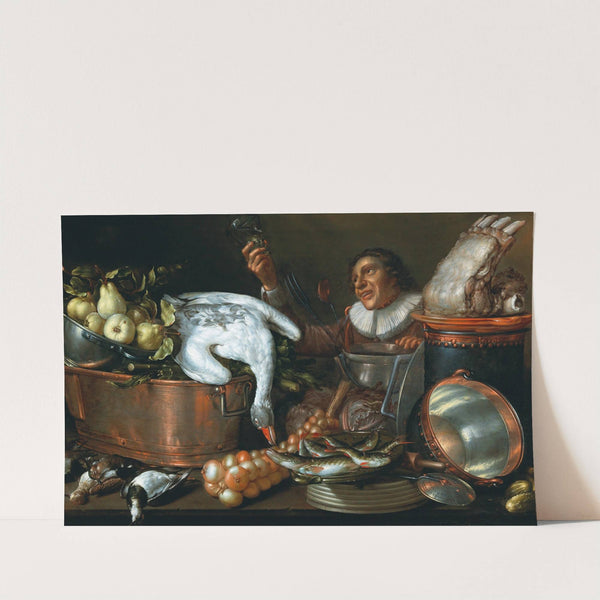 A kitchen interior with a drinker, copper and tin vessels, game and fruit by Cornelis Jacobsz. Delff