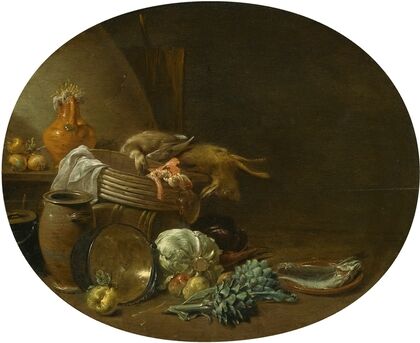 A Kitchen Still Life Of A Hare, A Mallard, Artichokes, Cabbage, Pears, A Fish On An Earthenware Platter, And Pots And Pans