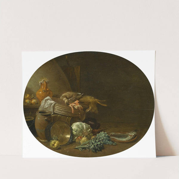 A Kitchen Still Life Of A Hare, A Mallard, Artichokes, Cabbage, Pears, A Fish On An Earthenware Platter, And Pots And Pans by Jan Olis