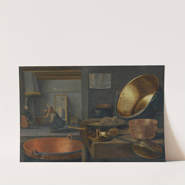 A Kitchen Still Life With Pots And Pans On A Stone Ledge And Animated Figures In The Background by Floris van Schooten