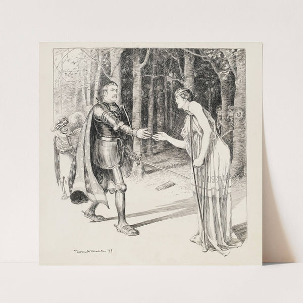 A knight rescues a wounded woman representing the Civil Service. Her would-be attackers lurk in the background. (1899) by William Henry Walker