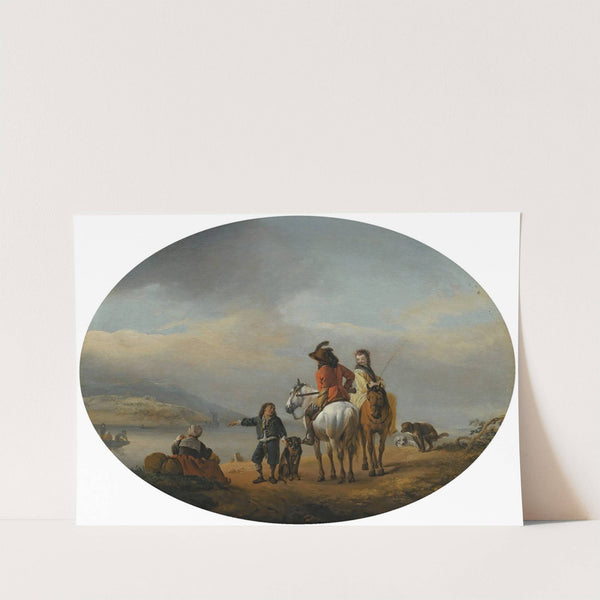 A Lady And A Gentleman On Horseback Being Shown To An Approaching Ferry By A Young Page by Philips Wouwerman