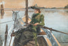 A lady dressed in green and in an elaborate hat in a row boat