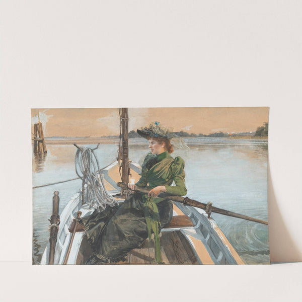 A lady dressed in green and in an elaborate hat in a row boat by Agnes Stamer